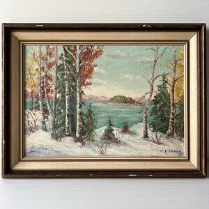 Vintage Original Winter Landscape Oil Painting Birch Lake Scene Signed Framed